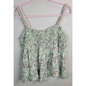 Free People Smocked Floral Tank Top Women's M Mint Green Pink Cotton